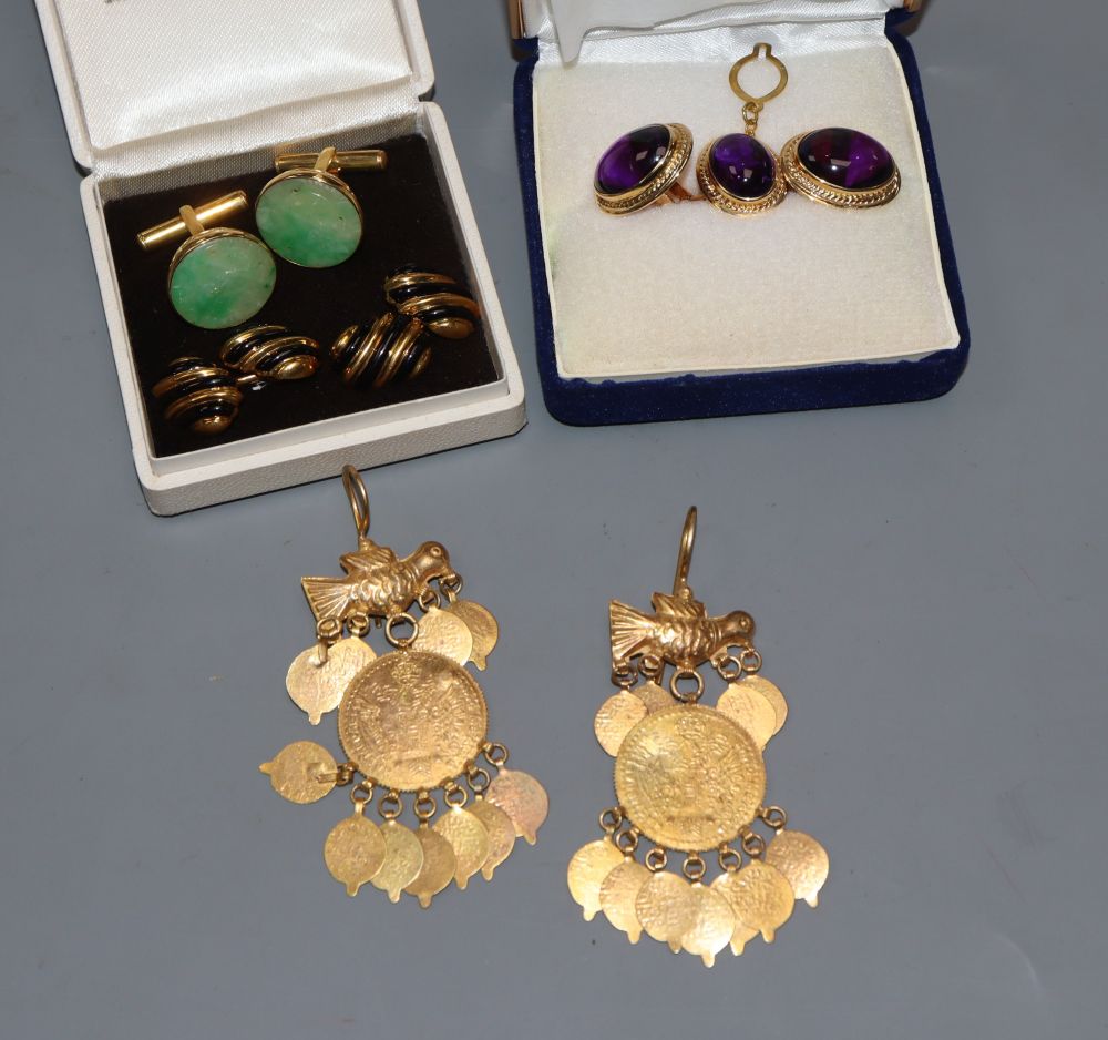 A pair of modern 18k and amethyst coloured cabochon cufflinks and matching dress stud,  earrings & other cufflinks.(6)